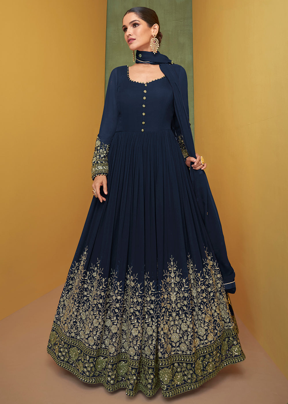 Buy Now Appealing Navy Blue Wedding Embroidered Bridal Anarkali Gown Online in USA, UK, Australia, New Zealand, Canada & Worldwide at Empress Clothing.