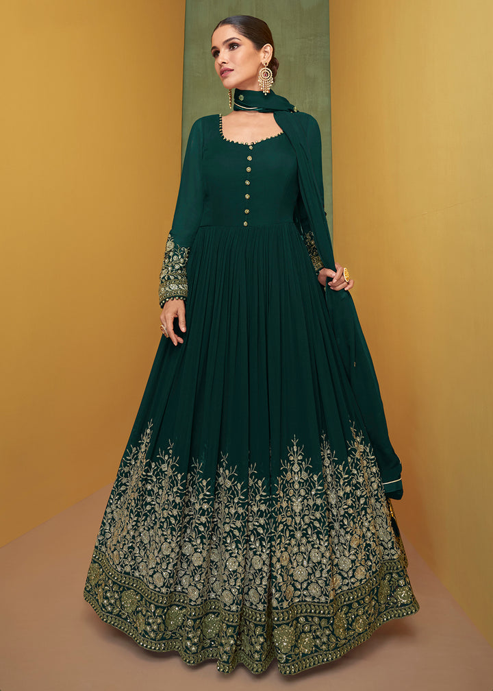 Buy Now Appealing Bottle Green Wedding Embroidered Bridal Anarkali Gown Online in USA, UK, Australia, New Zealand, Canada & Worldwide at Empress Clothing.