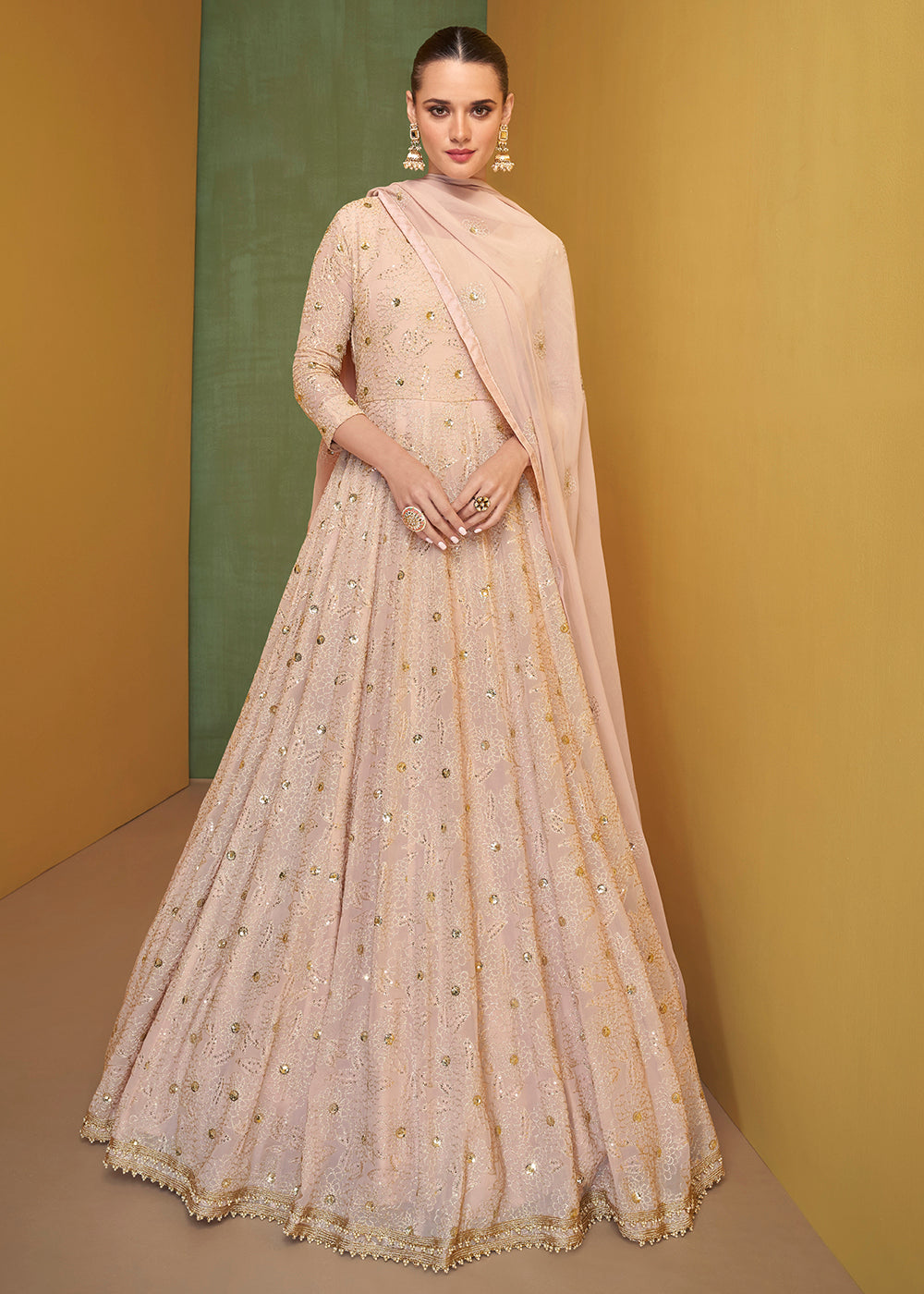 Buy Now Pretty Peachy Pink Wedding Embroidered Bridal Anarkali Gown Online in USA, UK, Australia, New Zealand, Canada & Worldwide at Empress Clothing.