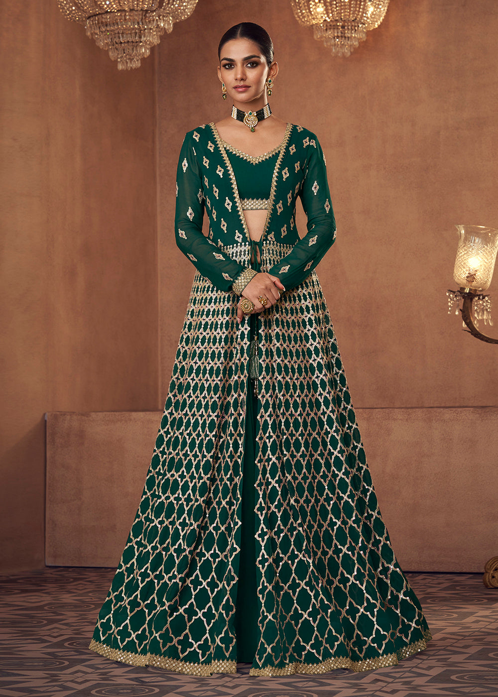 Shop Now Pine Green Crop Top Style Georgette Lehenga Skirt Suit Online in USA, UK, Canada & Worldwide at Empress Clothing.