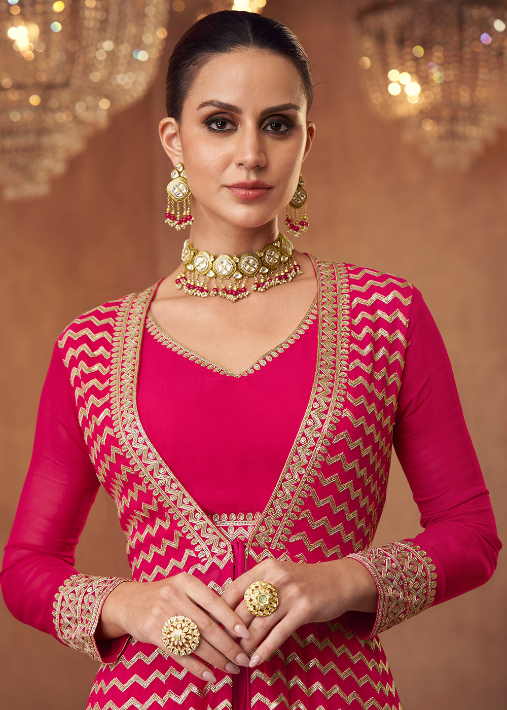 Shop Now Hot Pink Crop Top Style Georgette Lehenga Skirt Suit Online in USA, UK, Canada & Worldwide at Empress Clothing. 