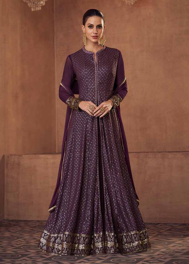 Shop Now Plum Purple Anarkali Style Georgette Slit Lehenga Skirt Suit Online in USA, UK, Canada & Worldwide at Empress Clothing.