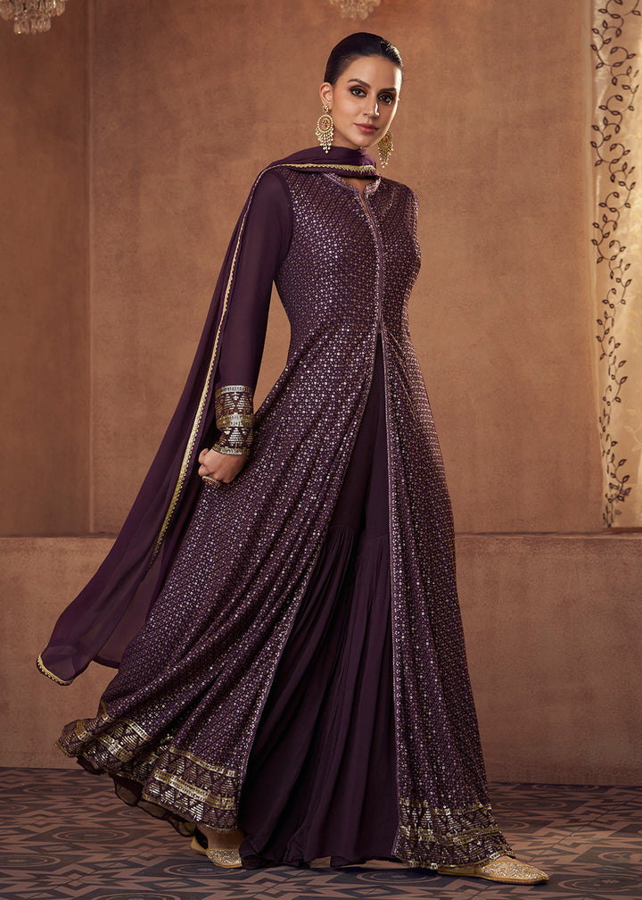 Shop Now Plum Purple Anarkali Style Georgette Slit Lehenga Skirt Suit Online in USA, UK, Canada & Worldwide at Empress Clothing.