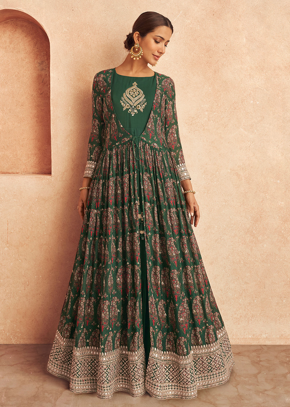 Buy Now Dark Green Jacket Style Chinon Embroidered Wedding Anarkali Gown Online in USA, UK, Australia, New Zealand, Canada & Worldwide at Empress Clothing. 