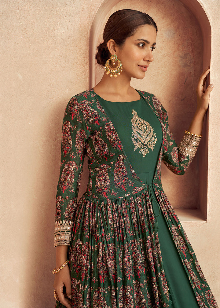 Buy Now Dark Green Jacket Style Chinon Embroidered Wedding Anarkali Gown Online in USA, UK, Australia, New Zealand, Canada & Worldwide at Empress Clothing. 