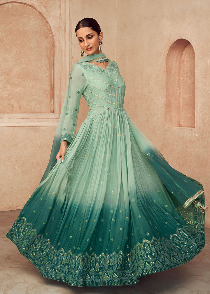 Buy Now Aqua Green Shaded Georgette Wedding Anarkali Gown Online in USA, UK, Australia, New Zealand, Canada & Worldwide at Empress Clothing.