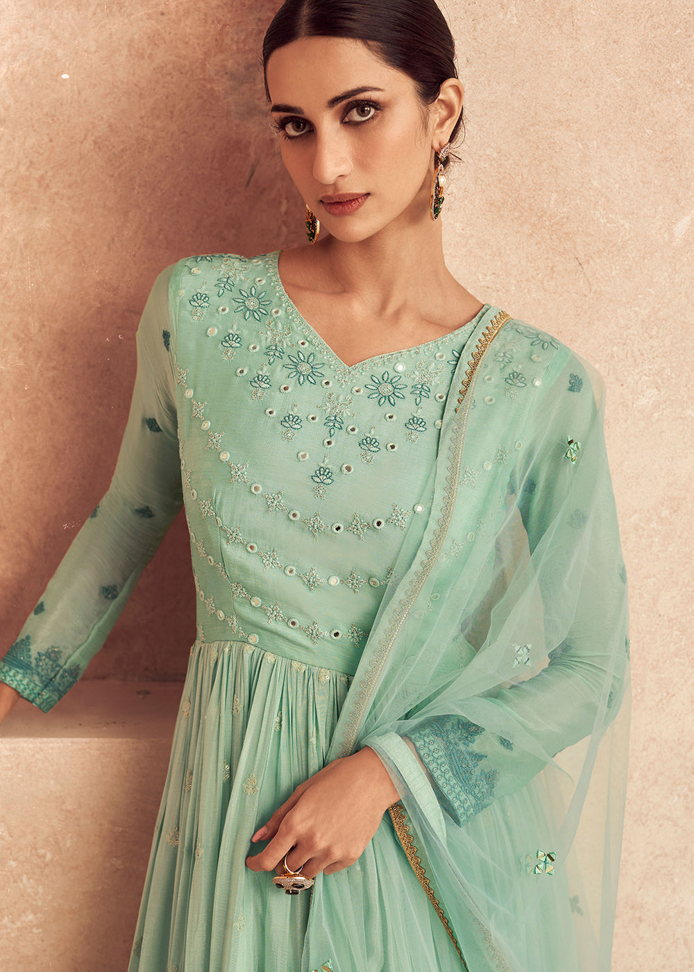 Buy Wedding Gown - Aqua Green Shaded Georgette Anarkali Gown Empress Clothing Buy Wedding Gown - Aqua Green Shaded Georgette Anarkali Gown Empress Clothing
