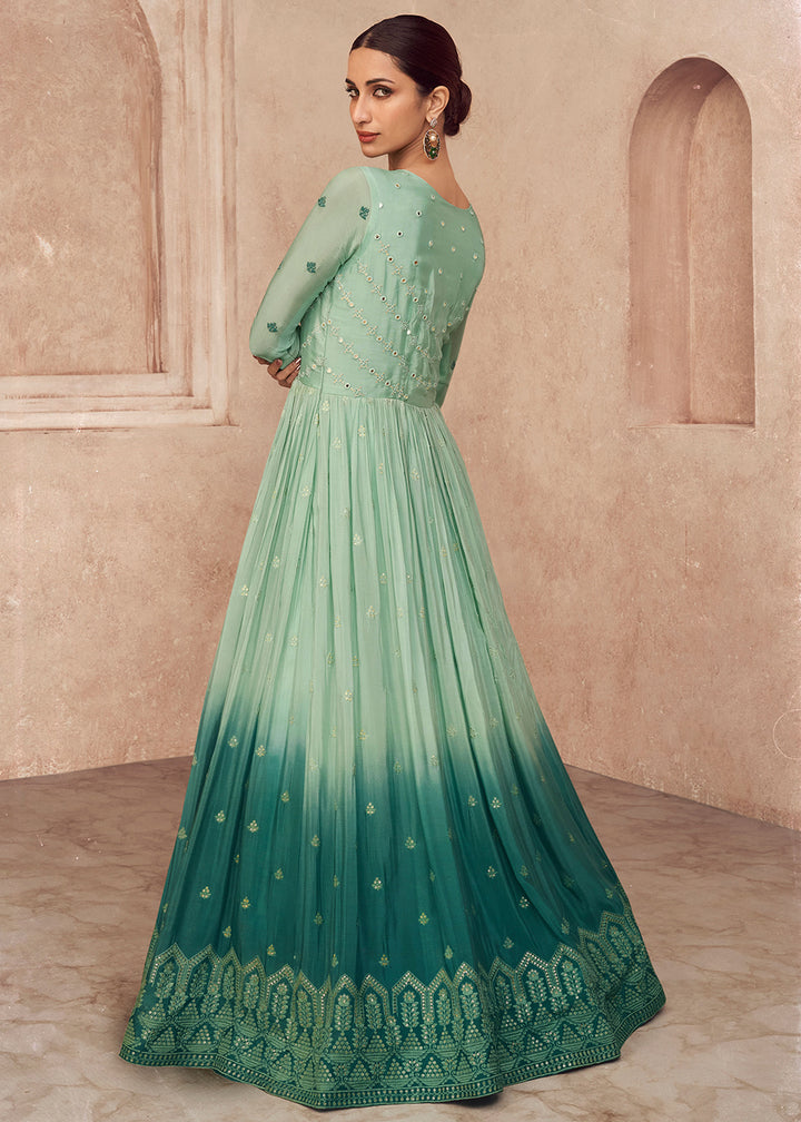Buy Now Aqua Green Shaded Georgette Wedding Anarkali Gown Online in USA, UK, Australia, New Zealand, Canada & Worldwide at Empress Clothing.