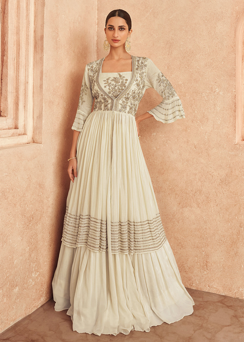Buy Now Off White Jacket Style Georgette Embroidered Wedding Anarkali Gown Online in USA, UK, Australia, New Zealand, Canada & Worldwide at Empress Clothing.