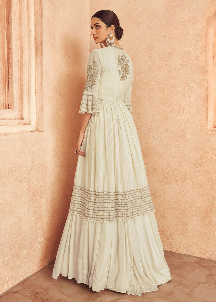 Buy Now Off White Jacket Style Georgette Embroidered Wedding Anarkali Gown Online in USA, UK, Australia, New Zealand, Canada & Worldwide at Empress Clothing.