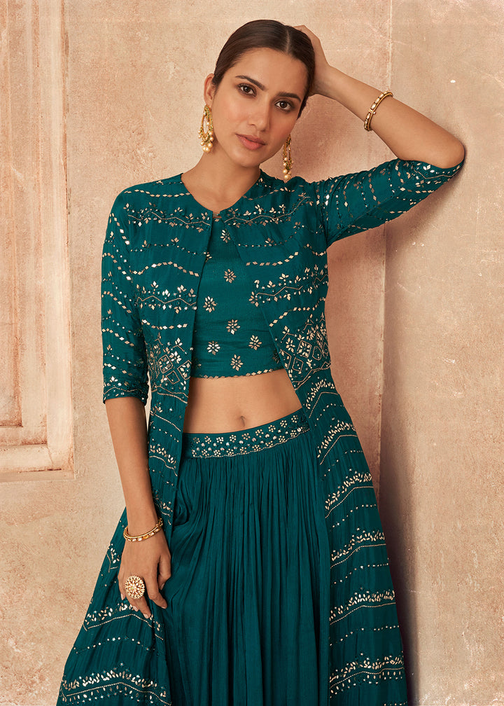 Shop Now Teal Blue Chinon Silk Party Wear Lehenga Choli with Jacket Online in USA, UK, Canada & Worldwide at Empress Clothing.