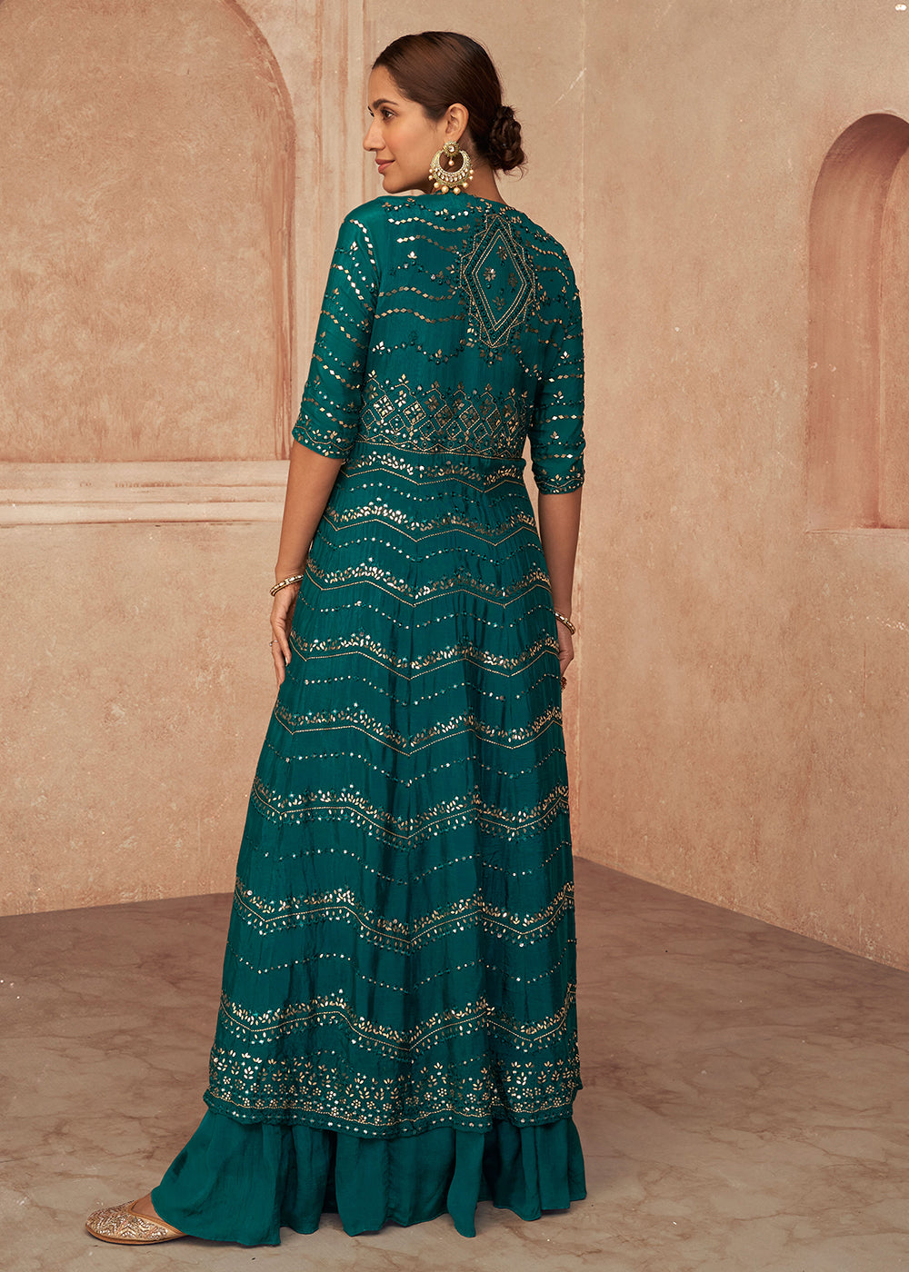 Shop Now Teal Blue Chinon Silk Party Wear Lehenga Choli with Jacket Online in USA, UK, Canada & Worldwide at Empress Clothing.
