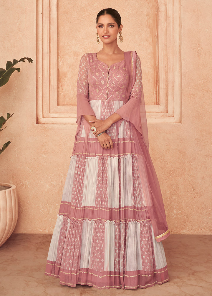 Buy Now Beatific Pink & White Georgette Embroidered Wedding Wear Gown Online in USA, UK, Australia, New Zealand, Canada & Worldwide at Empress Clothing. 