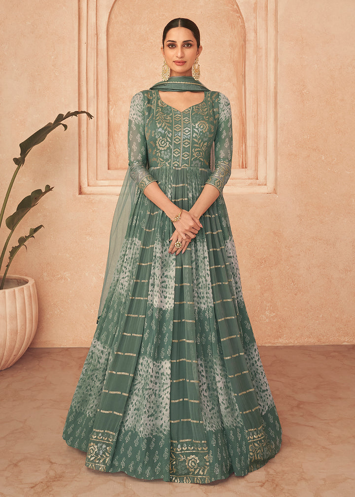 Buy Now Adorning Green Georgette Embroidered Wedding Wear Gown Online in USA, UK, Australia, New Zealand, Canada & Worldwide at Empress Clothing. 