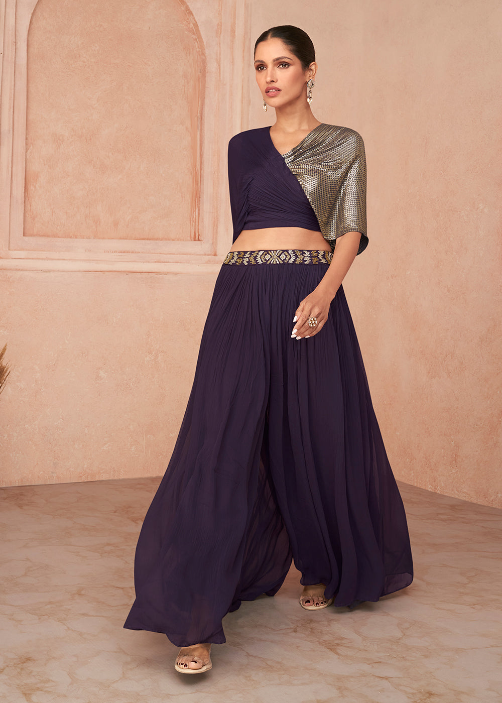 Buy Now Designer Purple Crop Top Style Indo-Western Palazzo Suit Online in USA, UK, Canada, Germany & Worldwide at Empress Clothing.