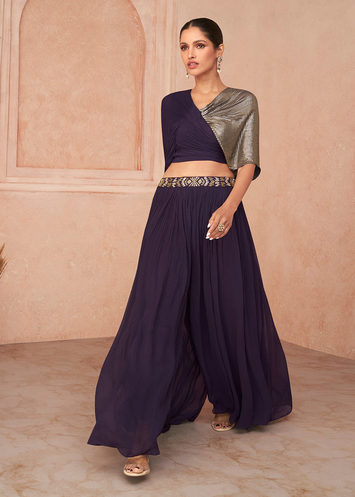 Buy Now Designer Purple Crop Top Style Indo-Western Palazzo Suit Online in USA, UK, Canada, Germany & Worldwide at Empress Clothing.