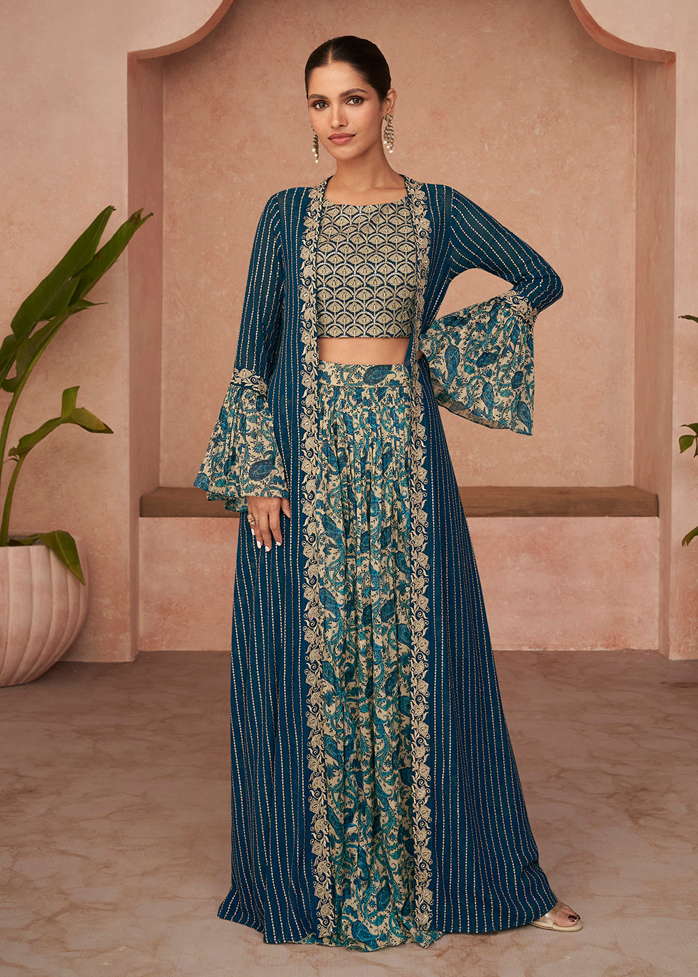 Buy Now Designer Teal Blue Jacket Style Indo-Western Palazzo Suit Online in USA, UK, Canada, Germany & Worldwide at Empress Clothing. 