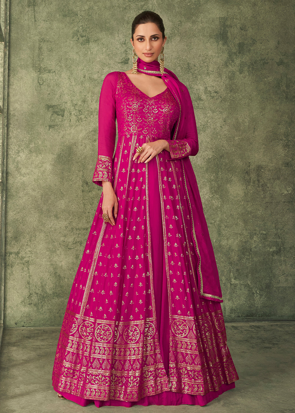 Buy Now Lehenga Style Marvelous Pink Front Slit Anarkali Suit Online in USA, UK, Australia, New Zealand, Canada, Italy & Worldwide at Empress Clothing. 