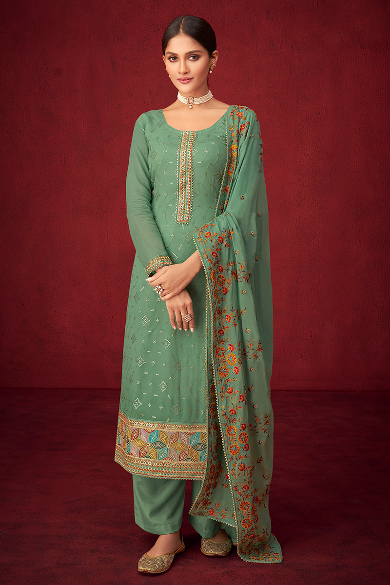 Buy Green Sequins & Thread Embroidered Suit - Georgette Salwar Suit