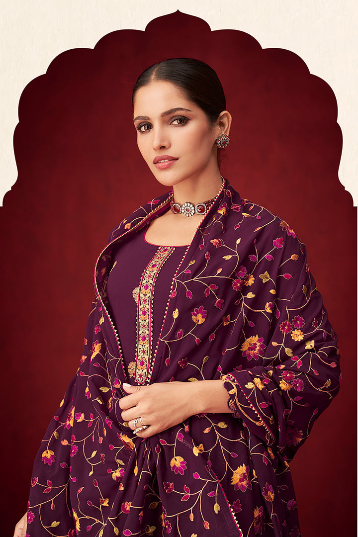 Buy Purple Sequins & Thread Embroidered Suit - Georgette Salwar Suit