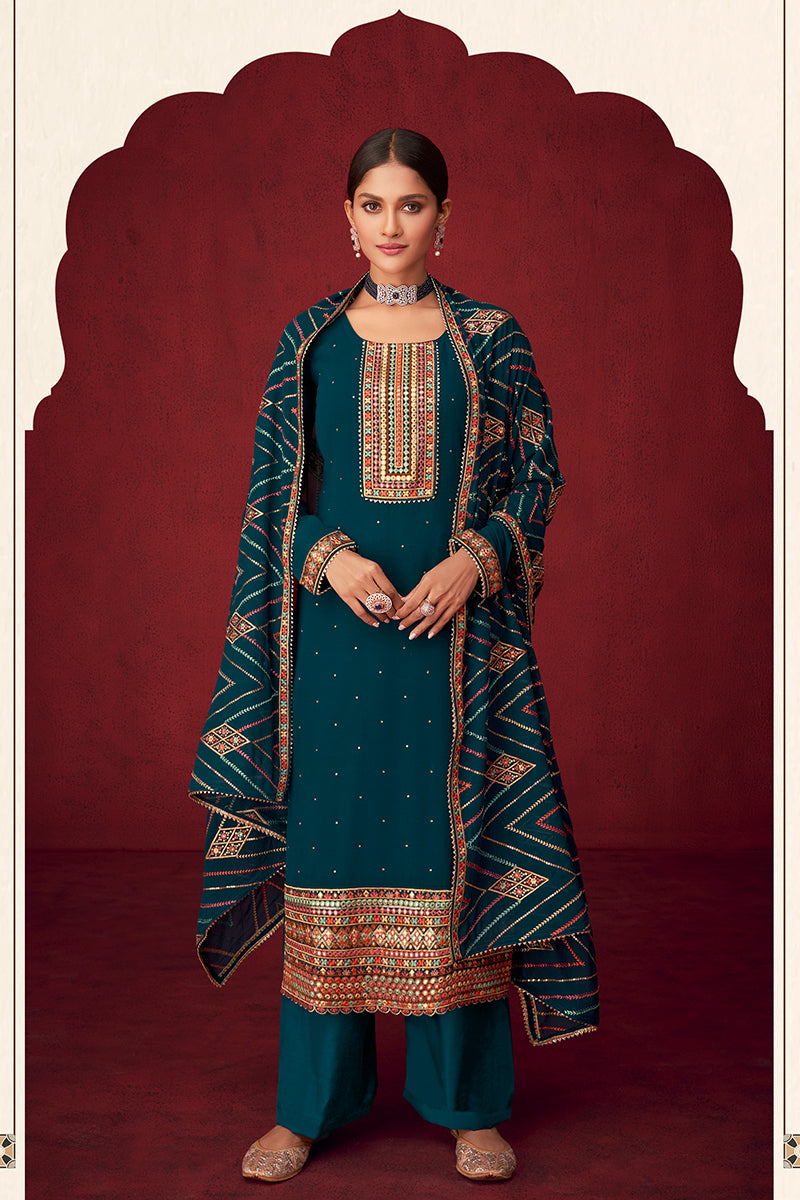 Buy Teal Blue Sequins & Thread Embroidered Suit - Georgette Salwar Suit
