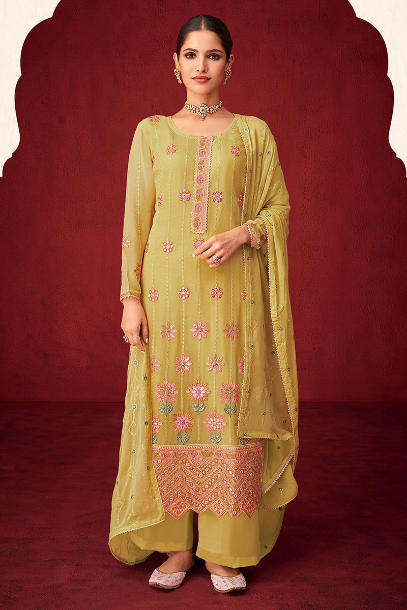 Buy Yellow Sequins & Thread Embroidered Suit - Georgette Salwar Suit