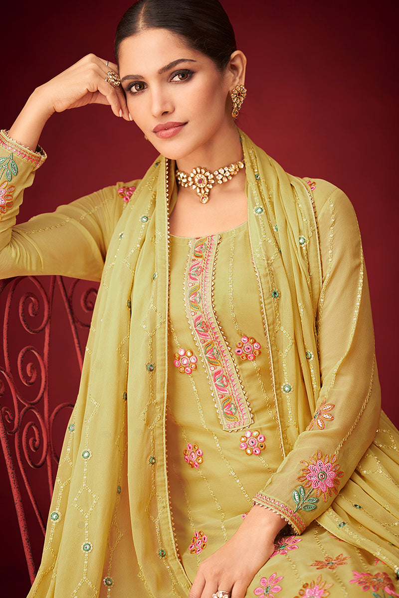 Buy Yellow Sequins & Thread Embroidered Suit - Georgette Salwar Suit
