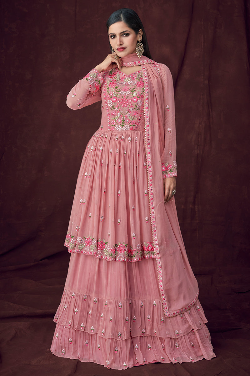 Fancy Fabric Pink Long Style Designer Lehenga Suit