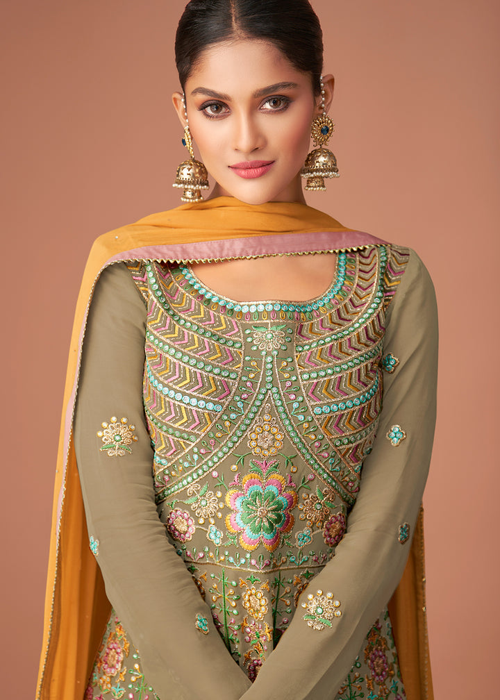Buy Pakistani Style Designer Moss Green Sharara - Peplum Sharara Suit