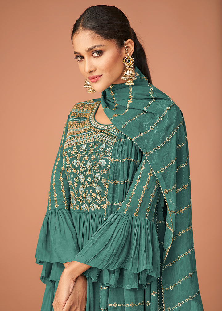 Buy Pakistani Style Designer Teal Blue Sharara - Peplum Sharara Suit