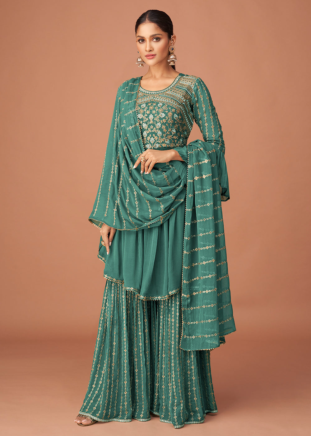 Buy Pakistani Style Designer Teal Blue Sharara - Peplum Sharara Suit