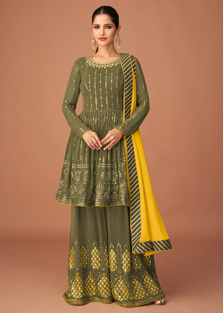 Buy Pakistani Style Designer Fern Green Sharara - Peplum Sharara Suit