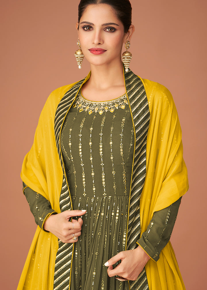 Pakistani Style Designer Fern Green Peplum Sharara Suit