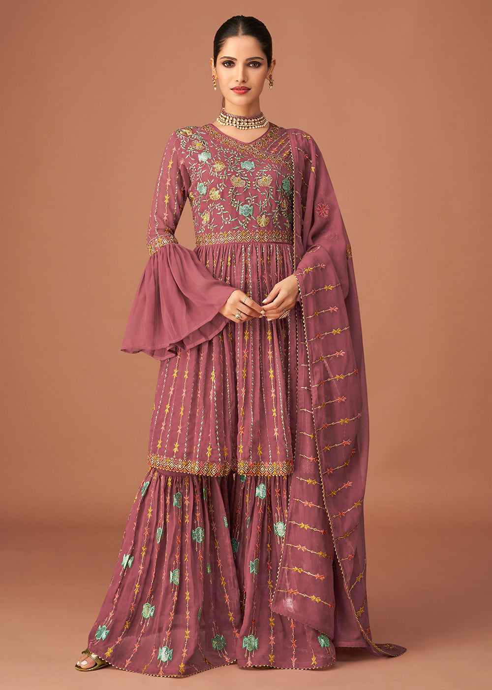 Buy Pakistani Style Designer Orchid Pink Sharara - Peplum Sharara Suit