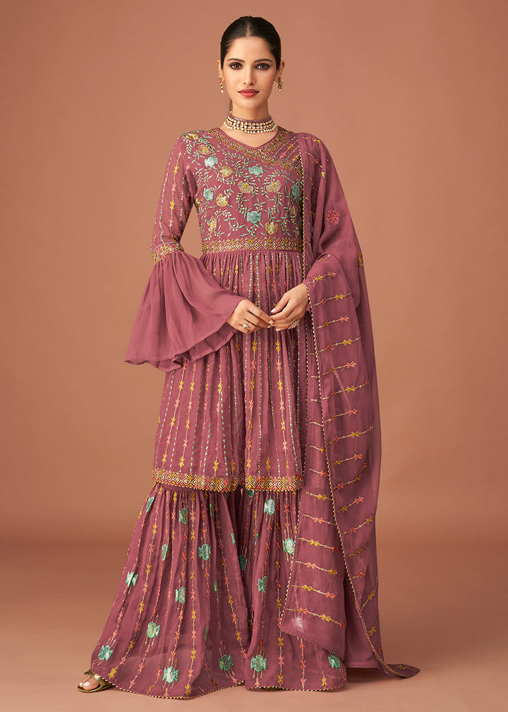 Buy Pakistani Style Designer Orchid Pink Sharara - Peplum Sharara Suit