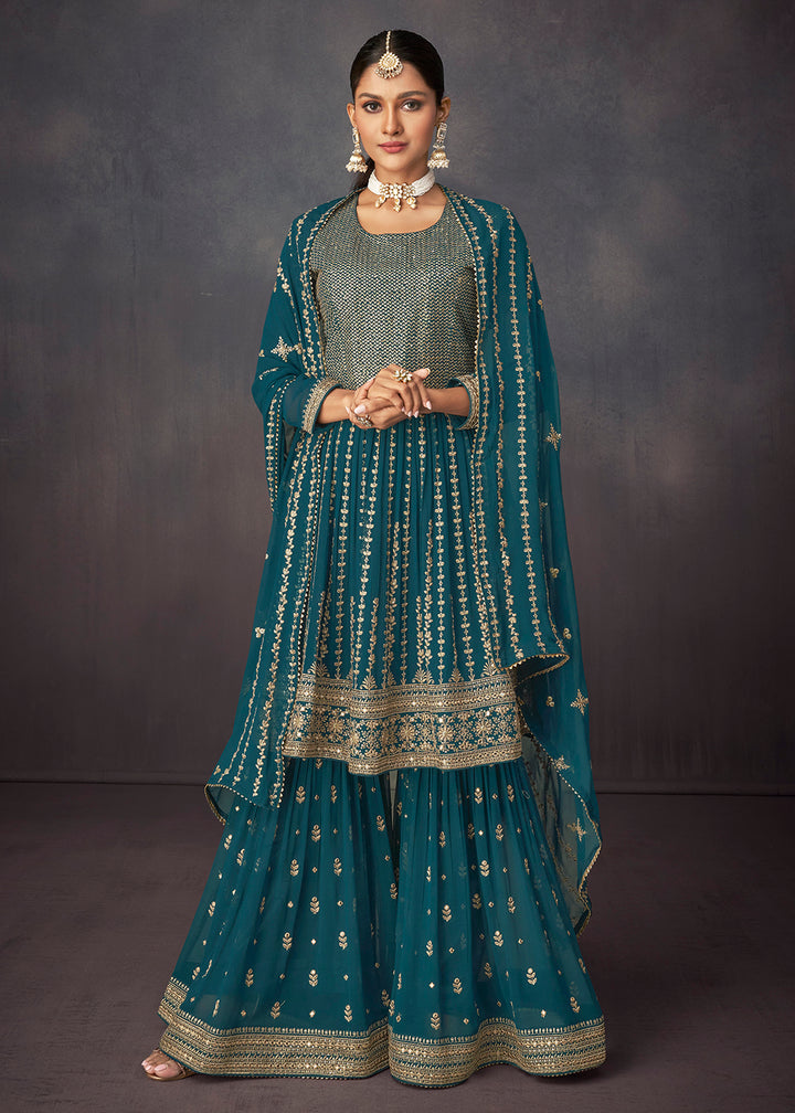 Shop Now Prussian Blue Georgette Embellished Festive Sharara Suit Online at Empress Clothing in USA, UK, Canada & Worldwide.