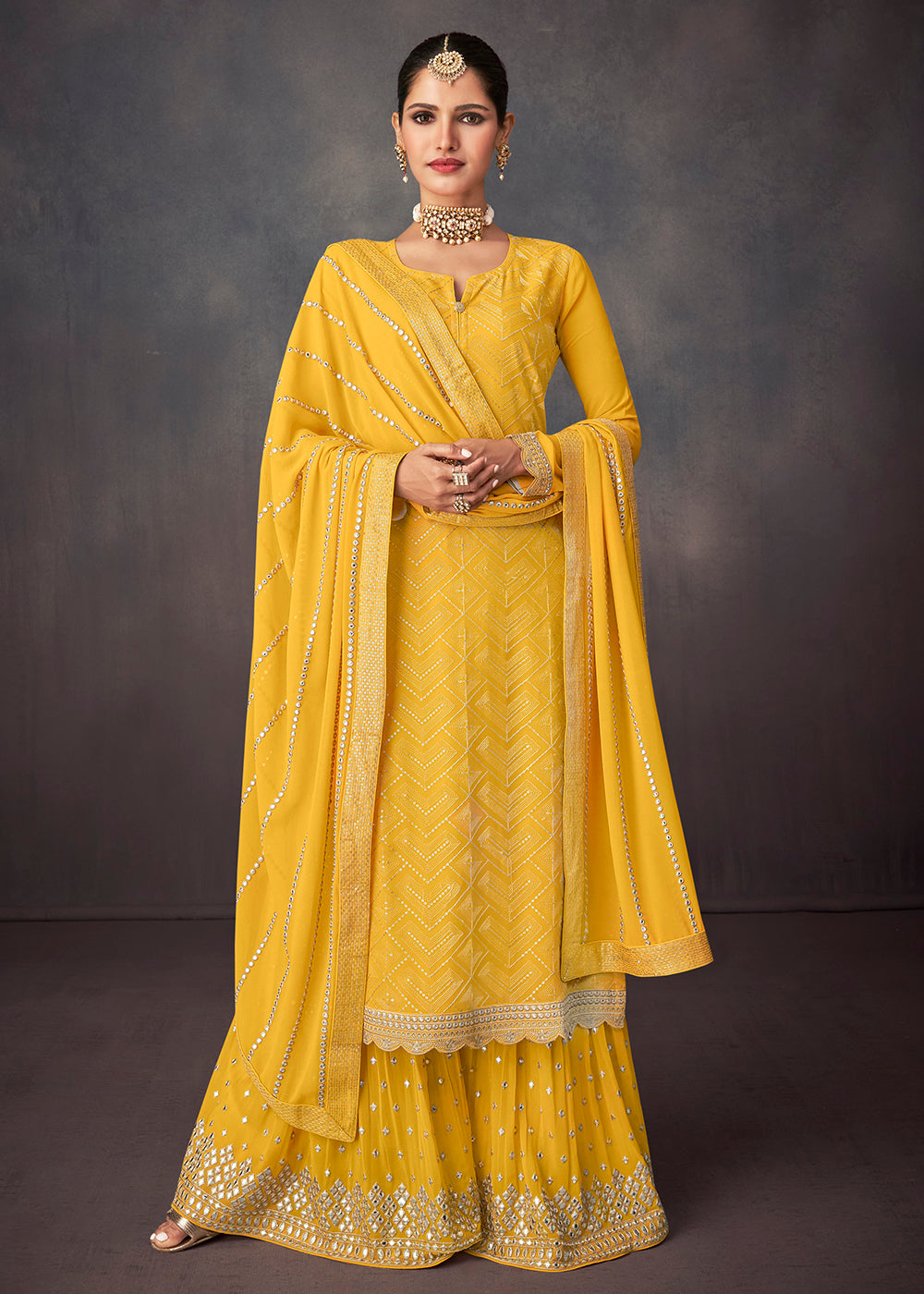 Shop Now Bright Yellow Georgette Embellished Festive Sharara Suit Online at Empress Clothing in USA, UK, Canada & Worldwide.