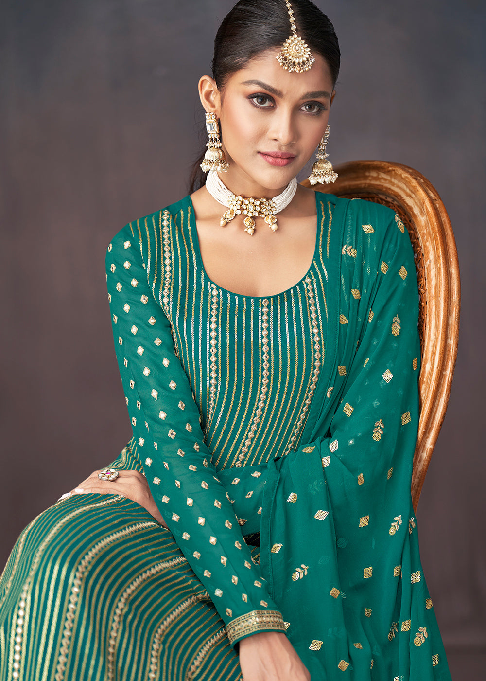Shop Now Jade Green Georgette Embellished Festive Sharara Suit Online at Empress Clothing in USA, UK, Canada & Worldwide. 
