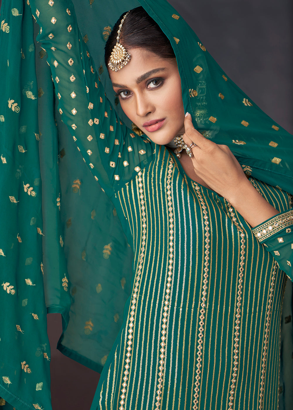 Shop Now Jade Green Georgette Embellished Festive Sharara Suit Online at Empress Clothing in USA, UK, Canada & Worldwide. 