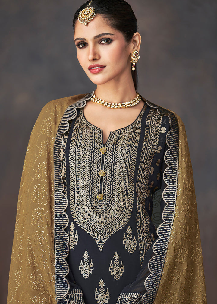 Shop Now Charcoal Grey Georgette Embellished Festive Sharara Suit Online at Empress Clothing in USA, UK, Canada & Worldwide.