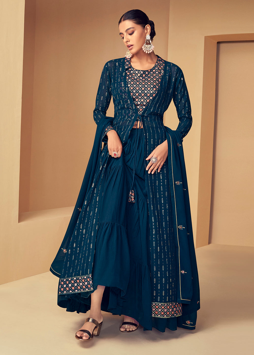 Buy Now Imperial Navy Blue Jacket Style Party Wear Indo Western Dress Online in USA, UK, Canada & Worldwide at Empress Clothing. 