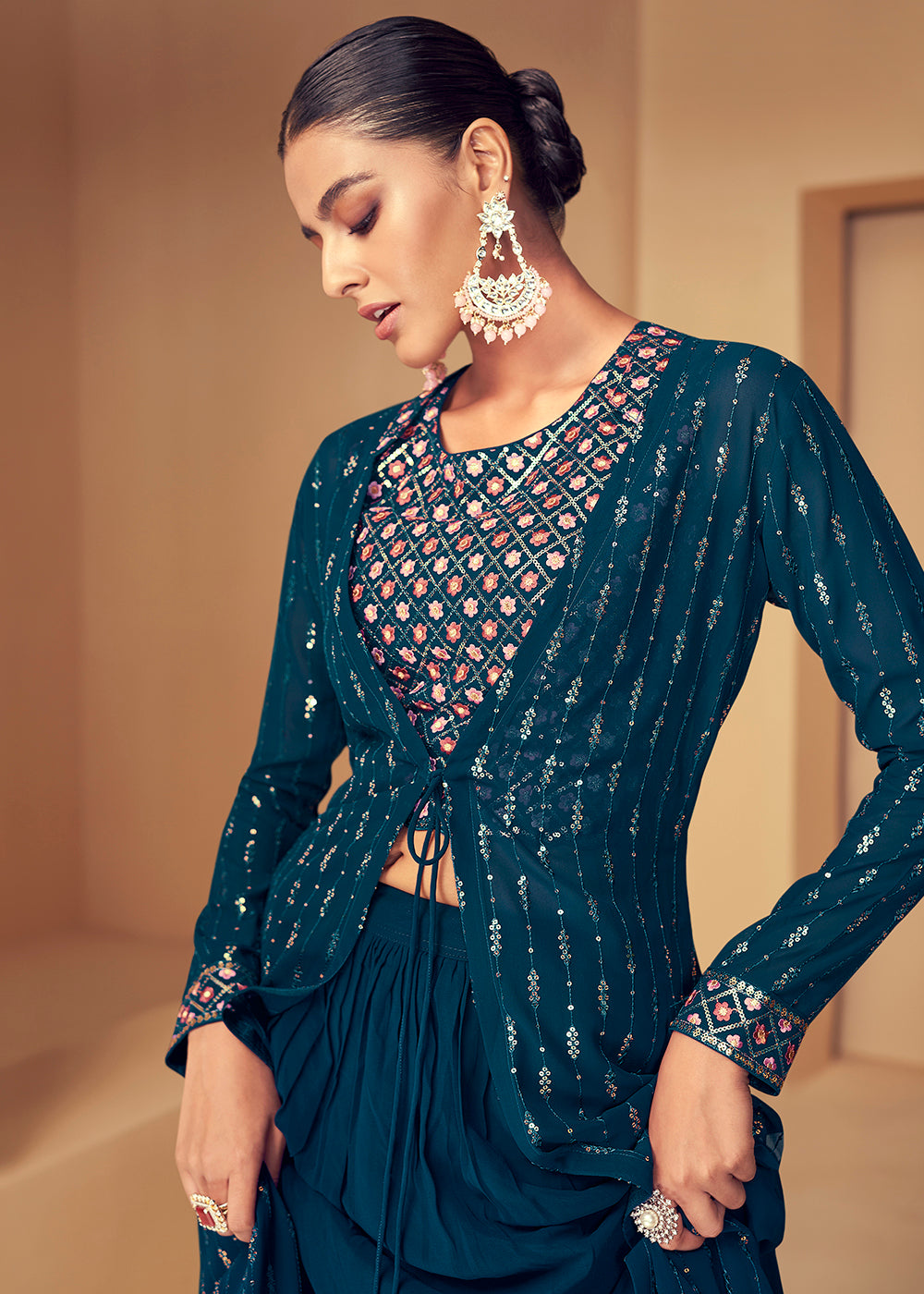 Party Wear Indo Western Dress Imperial Navy Blue Jacket Style