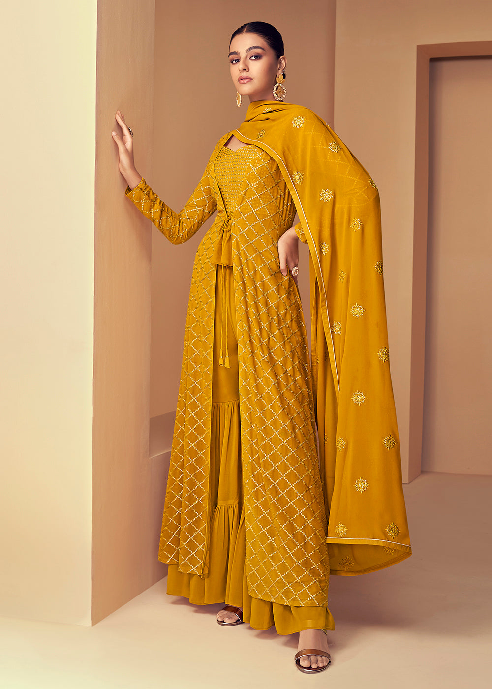 Buy Now Bright Yellow Jacket Style Party Wear Indo Western Dress Online in USA, UK, Canada & Worldwide at Empress Clothing. 