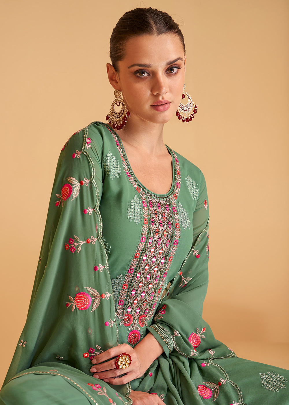 Buy Now Festive Look Green Floral Embroidered Palazzo Style Suit Online in USA, UK, Canada, Germany, Australia & Worldwide at Empress Clothing.