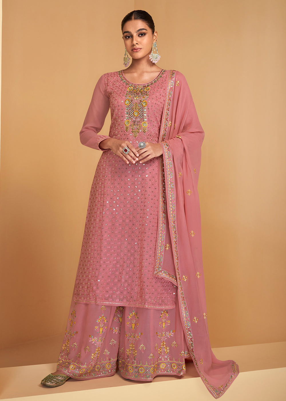 Buy Now Festive Look Pink Floral Embroidered Palazzo Style Suit Online in USA, UK, Canada, Germany, Australia & Worldwide at Empress Clothing.