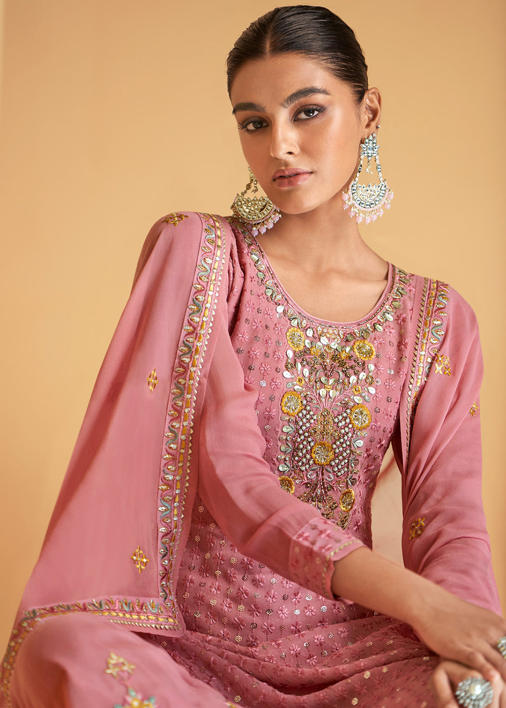 Buy Now Festive Look Pink Floral Embroidered Palazzo Style Suit Online in USA, UK, Canada, Germany, Australia & Worldwide at Empress Clothing.