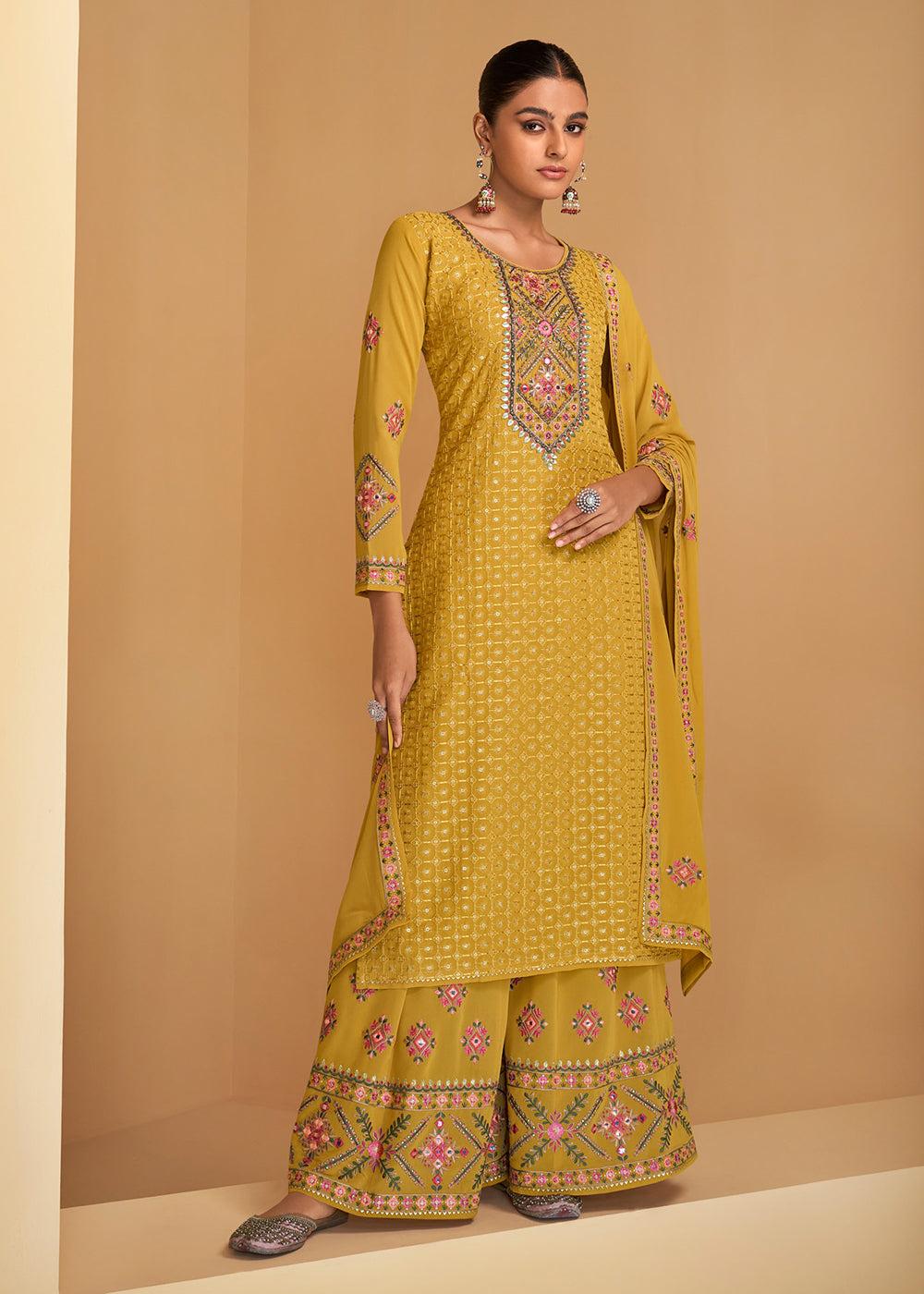 Buy Now Festive Look Yellow Floral Embroidered Palazzo Style Suit Online in USA, UK, Canada, Germany, Australia & Worldwide at Empress Clothing. 