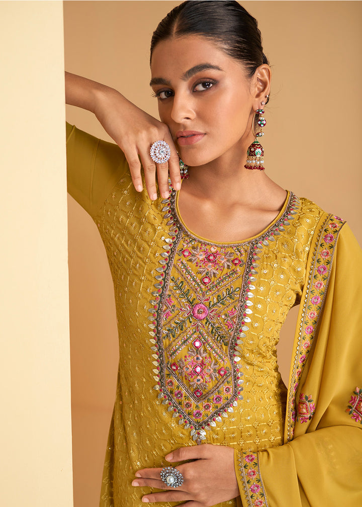 Buy Now Festive Look Yellow Floral Embroidered Palazzo Style Suit Online in USA, UK, Canada, Germany, Australia & Worldwide at Empress Clothing. 
