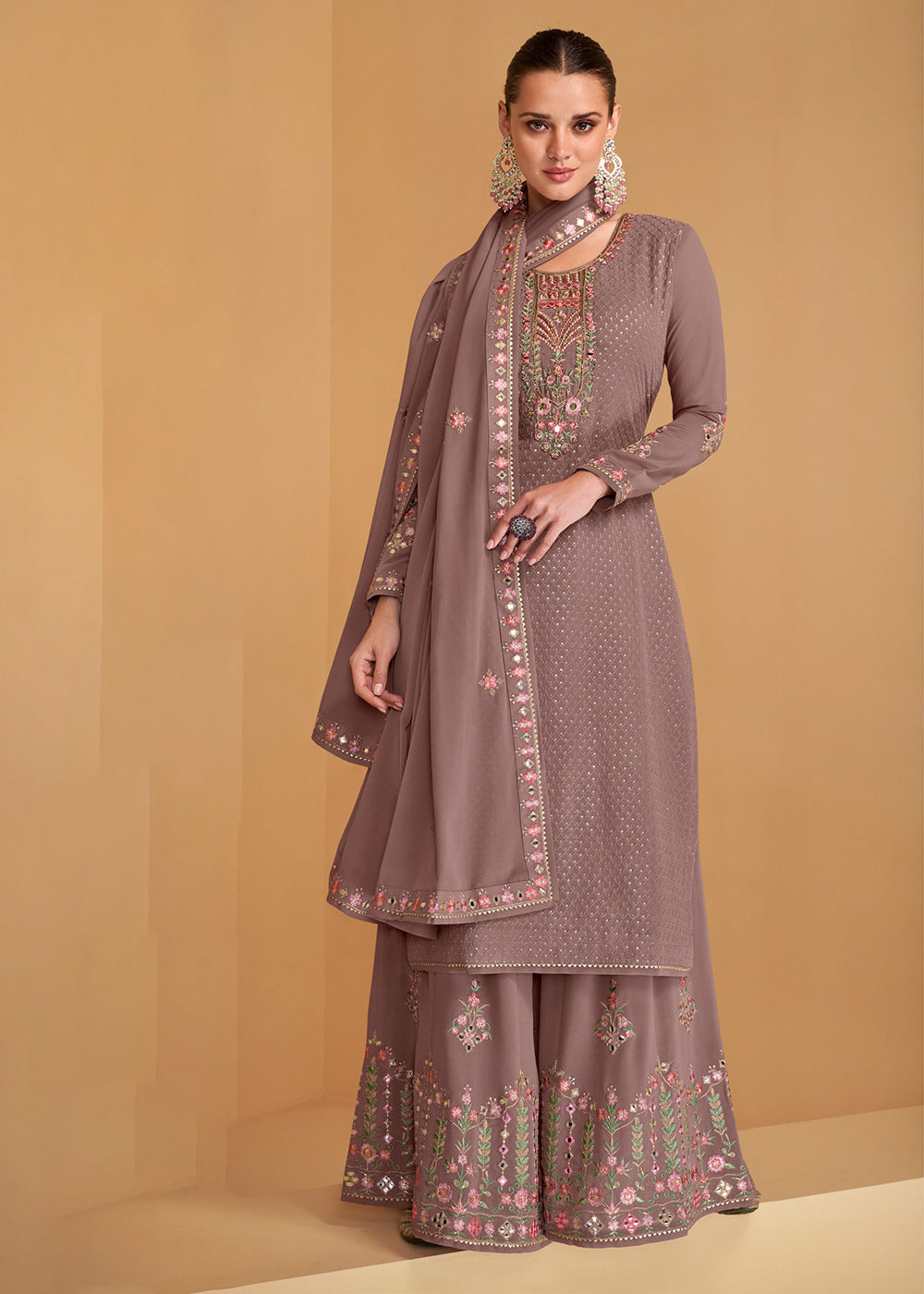 Buy Now Festive Look Grey Floral Embroidered Palazzo Style Suit Online in USA, UK, Canada, Germany, Australia & Worldwide at Empress Clothing. 