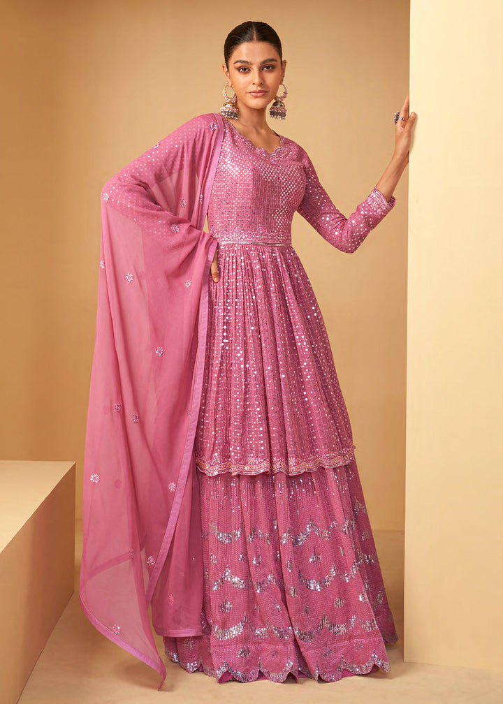 Shop Now Pretty Light Pink Sequins Embroidered Sharara Style Suit Online at Empress Clothing in USA, UK, Canada, Germany & Worldwide. 